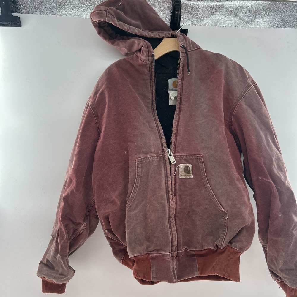 Vintage Carhartt J68BRK Full Zip Hooded Workwear Burgundy Jacket Size Medium